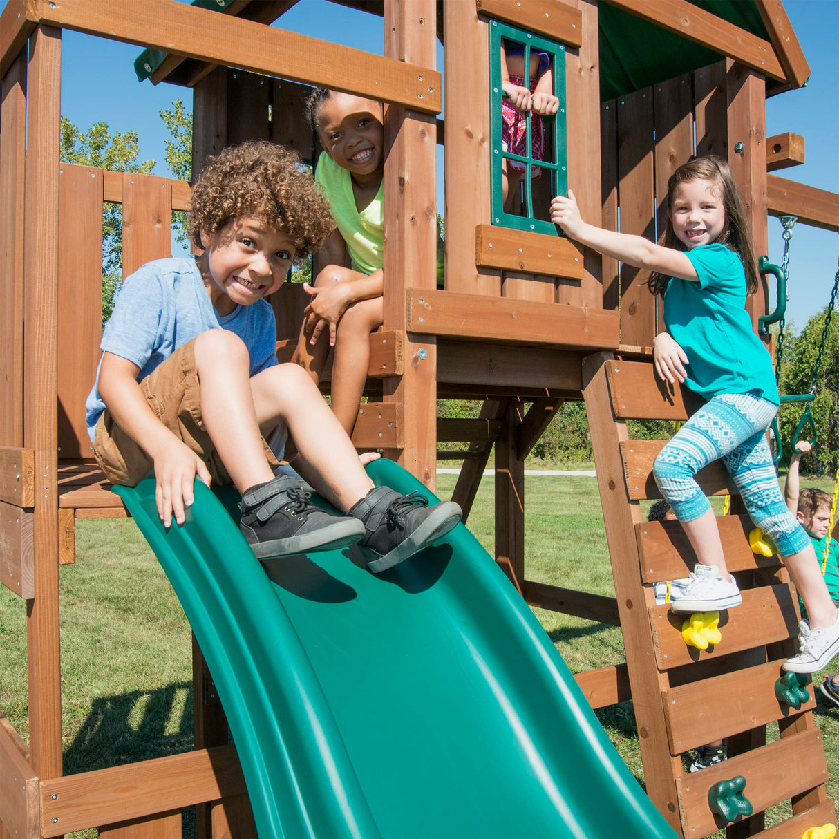 Swing-N-Slide WS 8357 Elkhorn Swing Set with Slide, Climbing Wall & Swings, Wood Swing-N-Slide