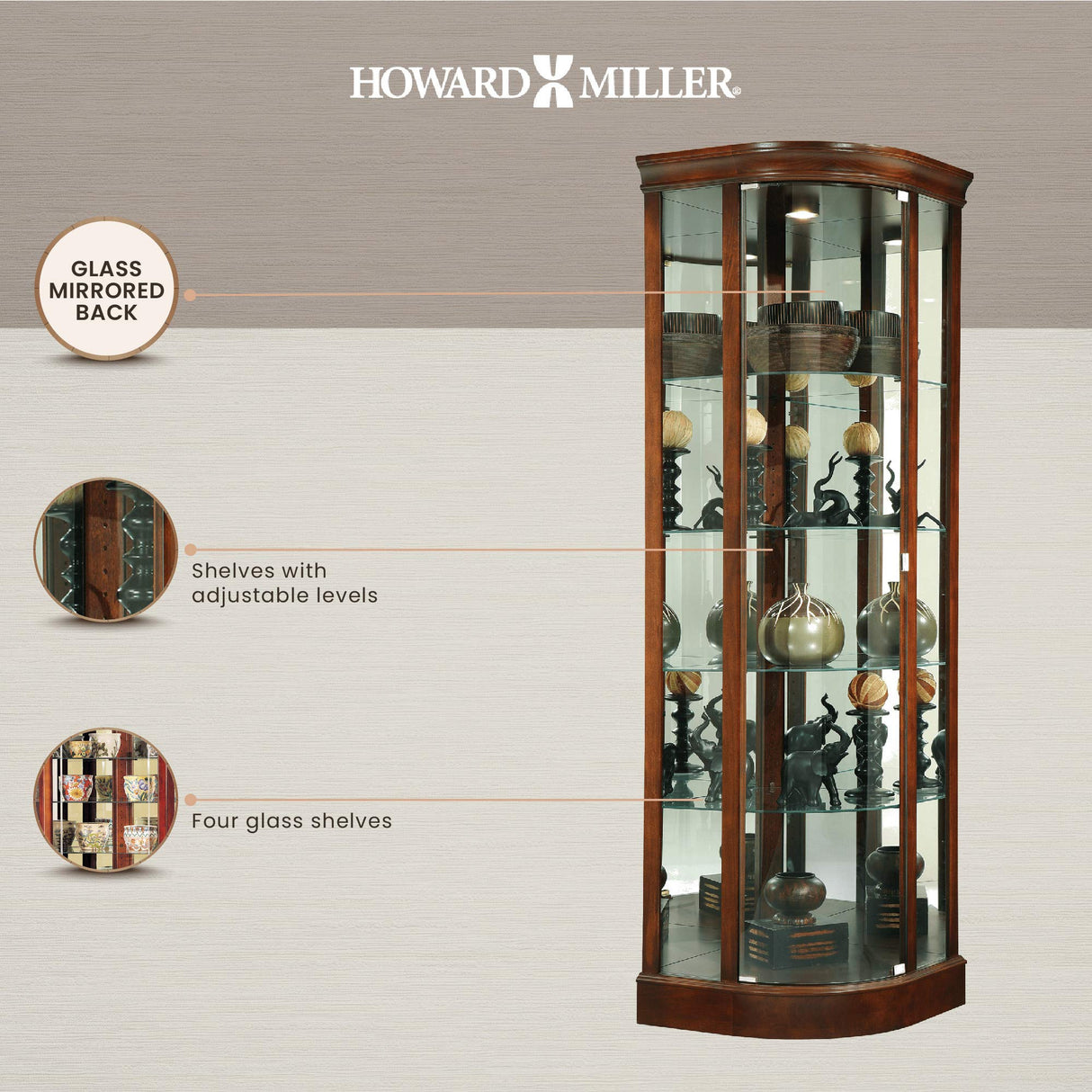 Howard Miller Marlowe Curio Cabinet - Wood Finish Display Cabinet with Lock, 4 Shelves, Display Cabinet with Doors - Lighted Showcase for Living Room Or Dining Room Howard Miller