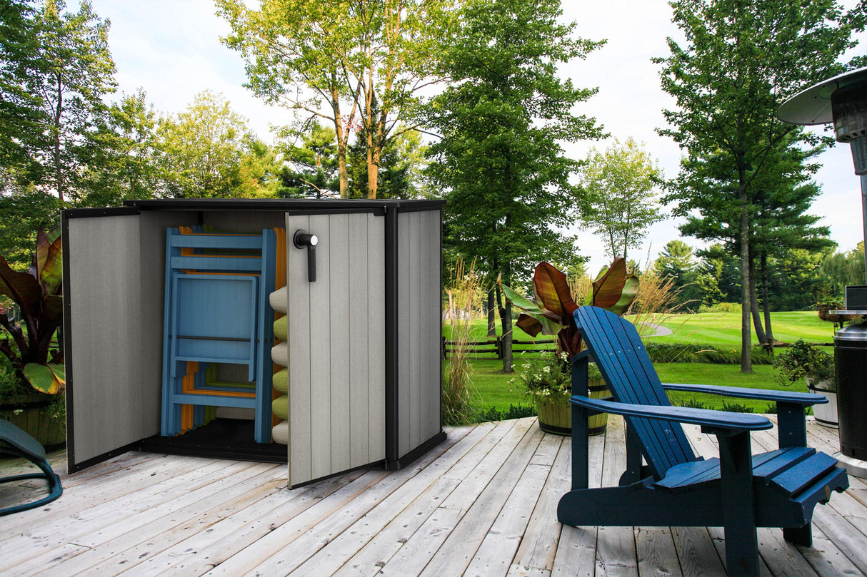 Keter Patio Store 4.6 x 4.0 ft. Resin Outdoor Storage Shed with Paintable and Drillable Walls for Customization-Perfect for Yard Tools and Pool Toys, Grey Keter