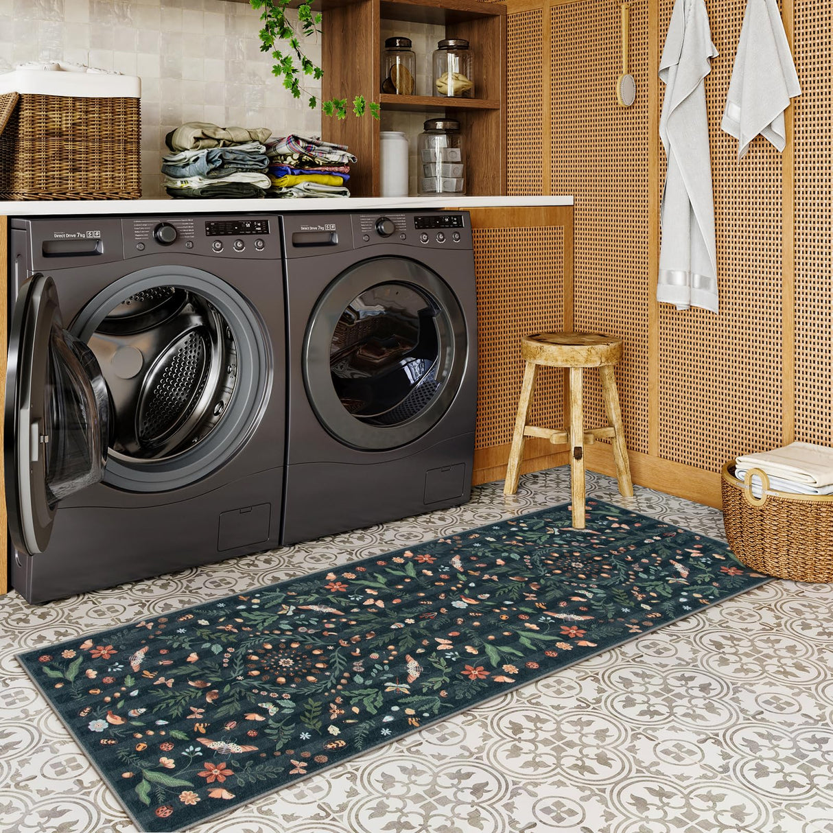 Lahome Insect Botanical 2x6 Washable Rug Runners for Hallways Non Slip, Black Bathroom Kitchen Runner Rugs Non Skid, Soft Non-Slip Entryway Indoor Carpet for Laundry Bedroom Lahome