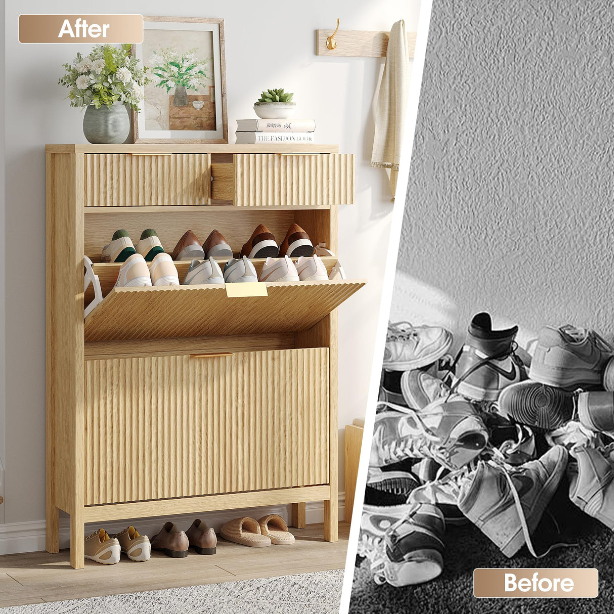 Shoe Storage Cabinet with 2 Flip Drawers,Freestanding Narrow Organizer with Wavy Wood Grain Design Shoe Rack with Adjustable Shelf for Entryway,Hallway,Living Room,Front Door Entrance,Oak Natural Maupvit