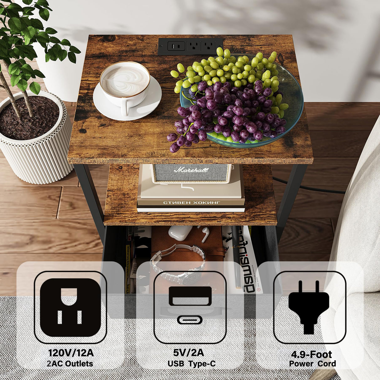 TUTOTAK LED End Table, Side Table with Charging Station, Nightstand Set of 2, Bedside Table with Fabric Drawer, Couch Table for Livingroom and Bedroom, Brown TB01BB0692L TUTOTAK