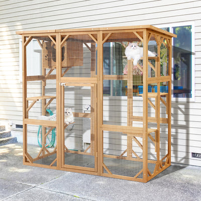 Grepatio Catio Outdoor Cat Enclosure, Large Outdoor Cats Kitten Enclosures with Weatherproof, Indoor Wood Catio House with 5 Platform and 1 Removable Cat Litter Box (Natural)