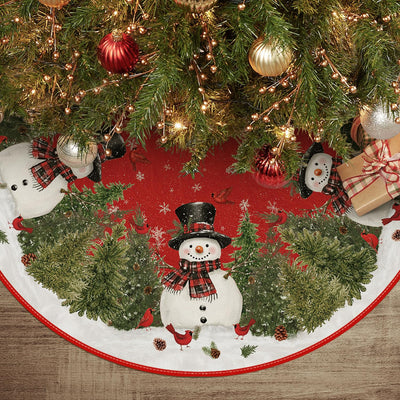 AVOIN colorlife Cardinals Cedar Snowman with Scarf Christmas Tree Skirt, Xmas Winter Holiday Party Tree Mat Indoor Outdoor Decoration 36 Inch