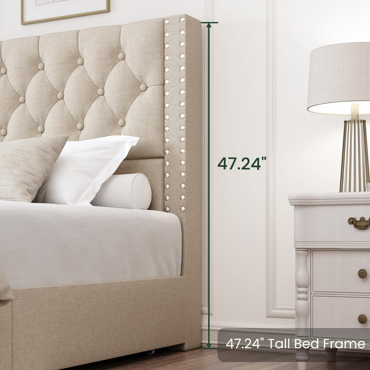 LARMACE King Size Bed Frame with 4 Storage Drawers and Tufted Headboard Linen Upholstered Platform Bed Frame with Heavy Duty Wood Slats, No Box Spring Needed, Easy Assembly, Beige LARMACE