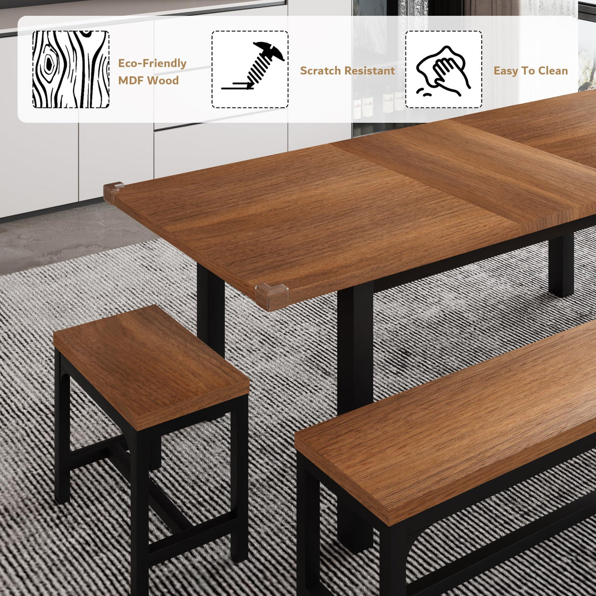 iPormis 5-Piece Dining Table Set for 4-8 People, Extendable Kitchen Table Set with 2 Benches and 2 Square Stools, Mid-Century Dining Room Table with Metal Frame & MDF Board, Saving Space, Walnut iPormis