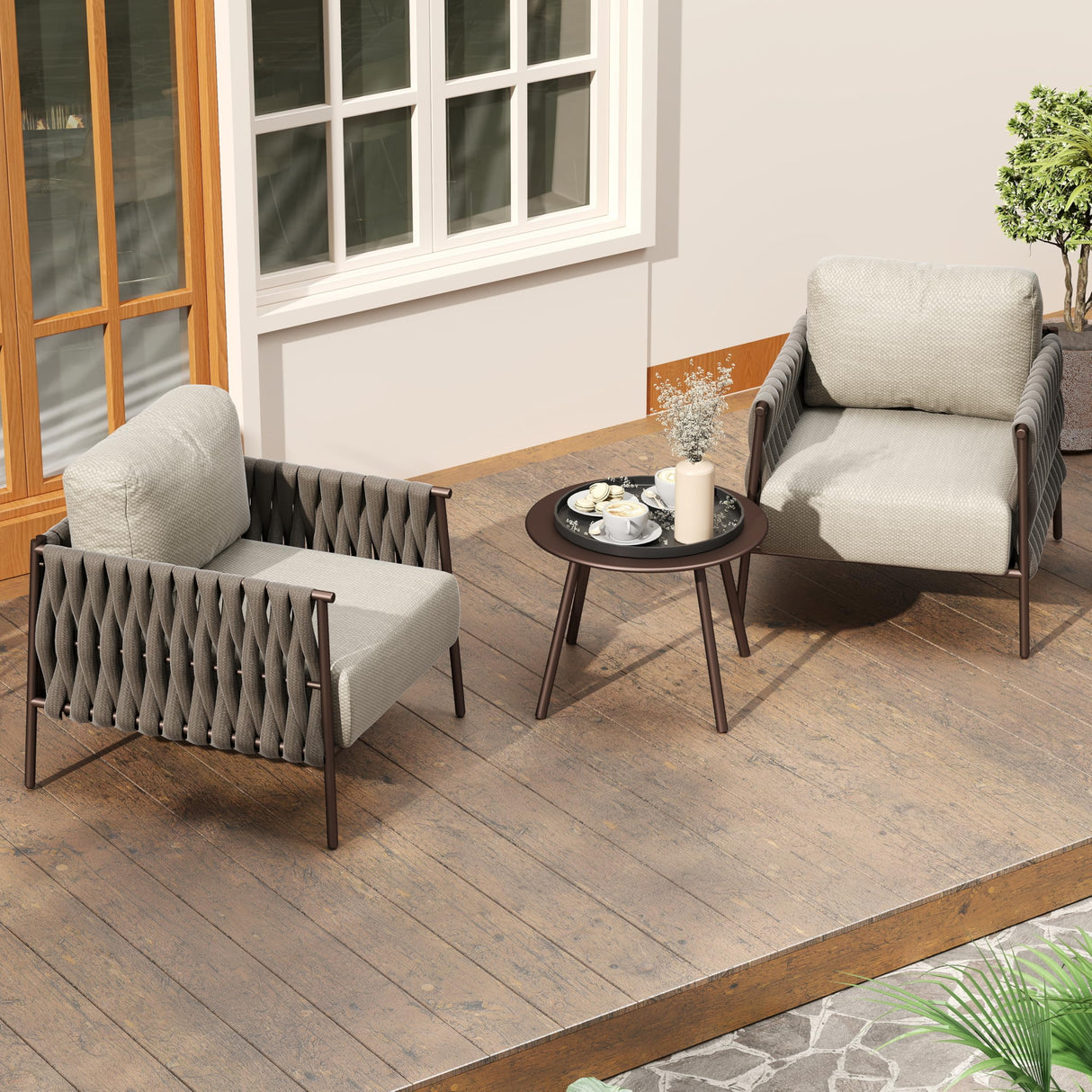 EAST OAK 3-Piece Patio Furniture Set | Armchairs & Coffee Table | Outdoor Furniture with Cushions | Deep Seating Modern Conversation Set | Garden, Porch, Balcony & Backyard | Chestnut & Apricot EAST OAK