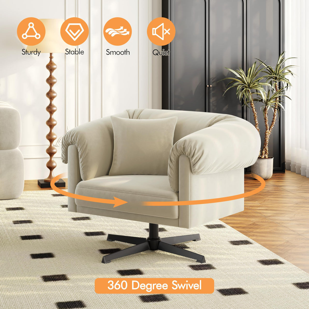 Yaheetech Swivel Velvet Armchair with Pillow, Modern Upholstered Accent Chair for Living Room, Comfy Cozy Single Sofa Chair for Bedroom/Reading Spaces Beige Yaheetech