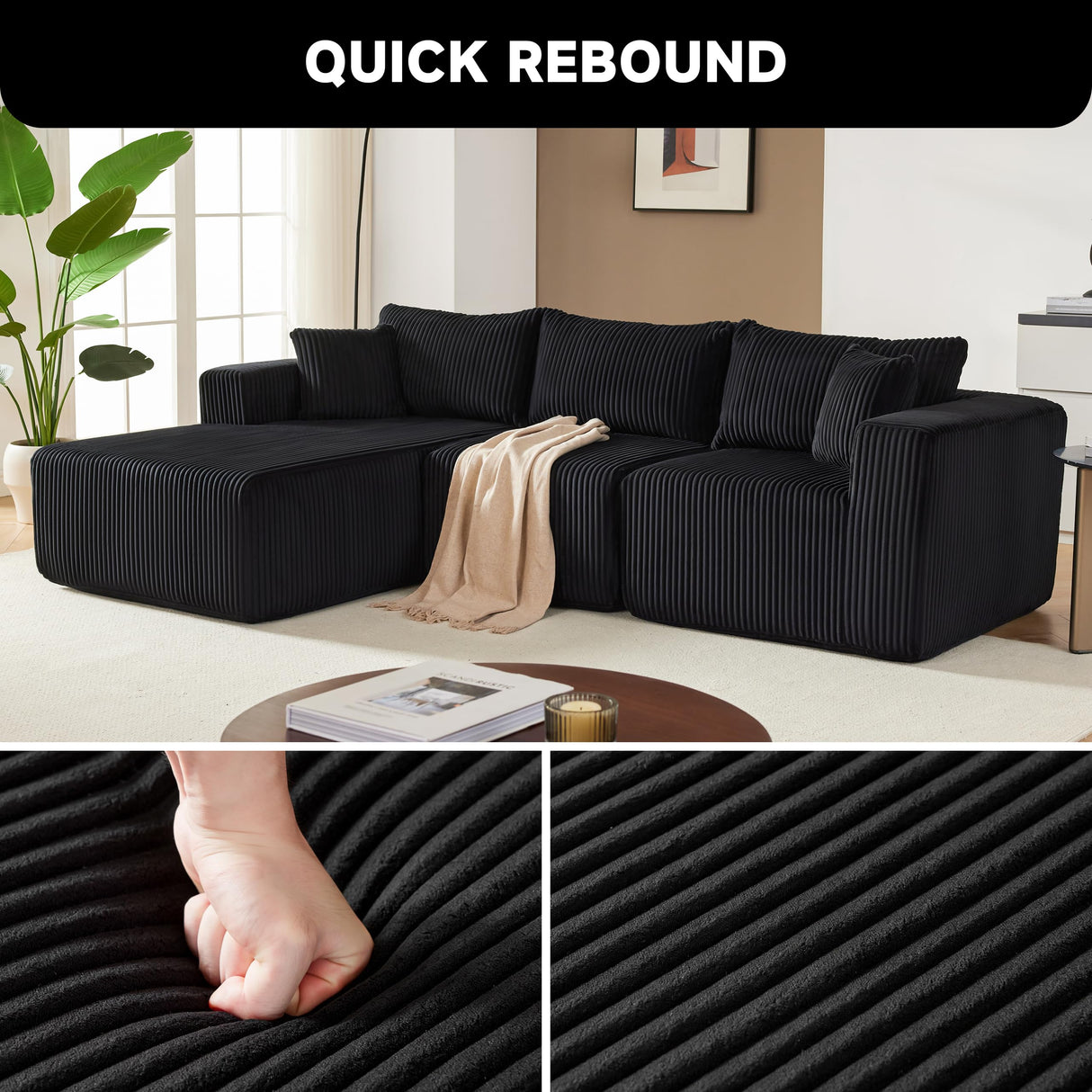 97" Boneless Couches for Living Room, Cloud Couch Sectional with Deep Seat, Comfy Couch with L-Shaped Chaise, Minimalist Upholstered Modular Sectional Sofa, No Assembly Required (Corduroy,Black) Huatean Home