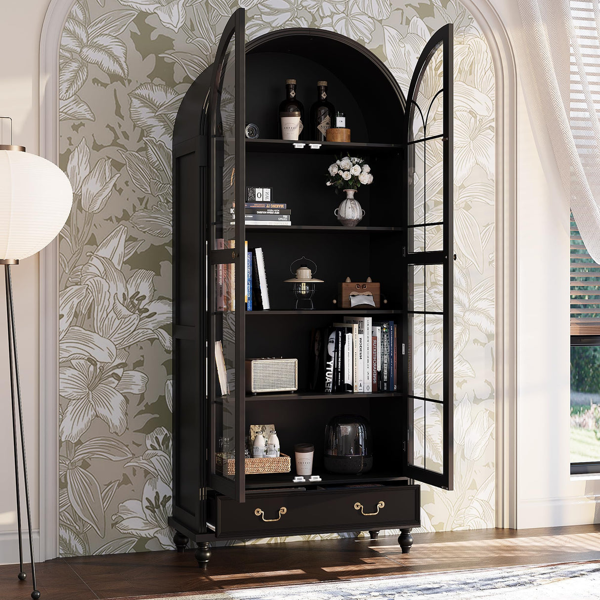 Hitow Curio Cabinet with Glass Doors, Arched Display Cabinet with Drawers & Solid Pine Legs, 34.6" W Arch Bookcase, 5-Tier Black Display Case for Collectibles, Living Room Hitow