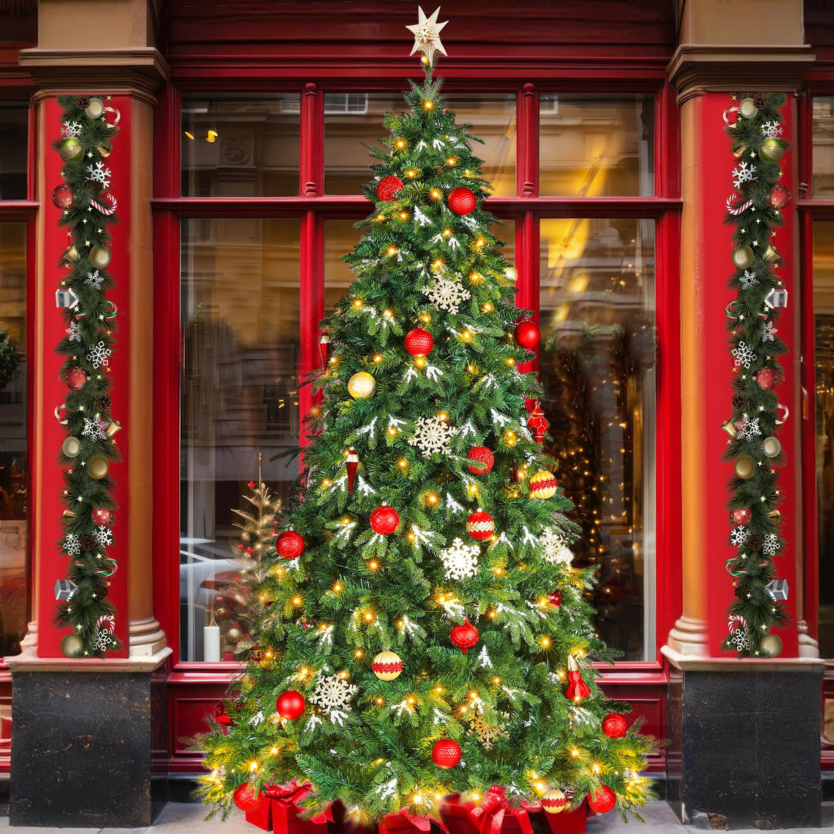 Arlopu 8ft PE&PVC Prelit Christmas Tree, Artificial Spruce Tree with 400 Warm White Lights, 1312 Branch Tips, Ice Crystal, Metal Hinges and Foldable Stand for Home,Party,Store,Holiday, Decor Arlopu