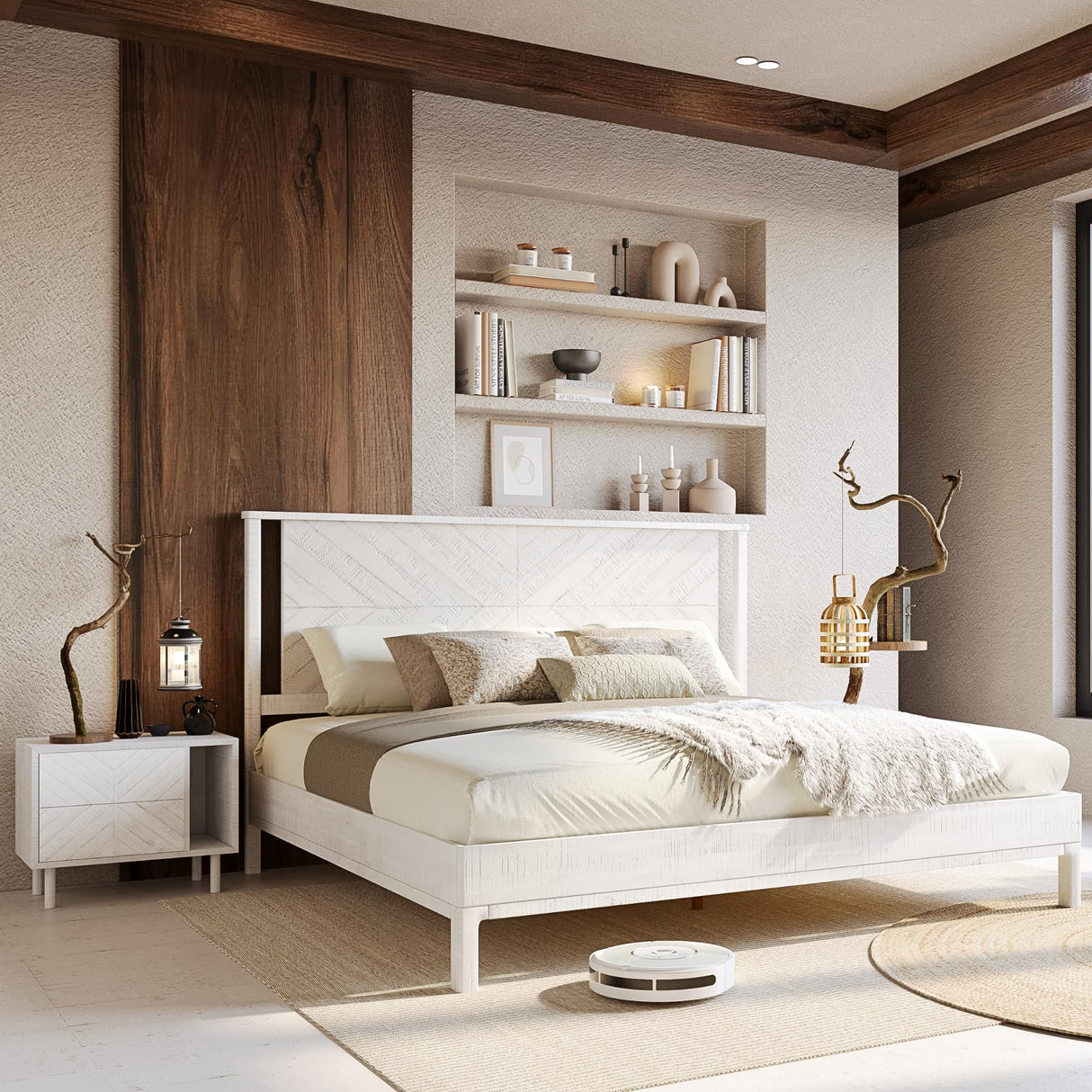 Bme Vivian 14 Inch Deluxe Bed Frame with Headboard, Rustic & Scandinavian Style with Solid Acacia Wood, No Box Spring Needed, 12 Strong Wood Slat Support, Easy Assembly, King, Rustic White Bme