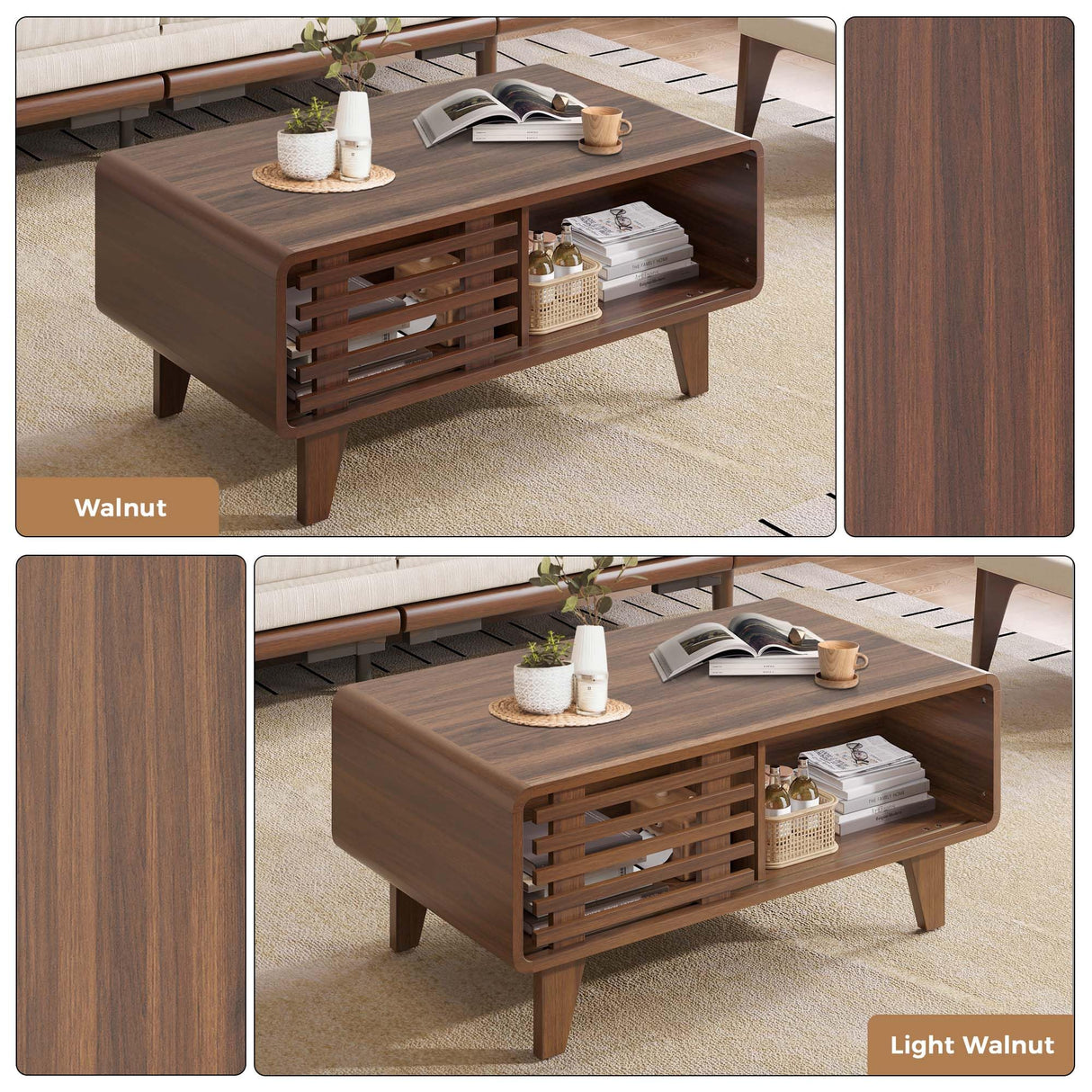 Walnut Coffee Table with Storage, 39" Mid Century Modern Coffee Table for Living Room Rectangle Wooden Center Table Small Fluted Tea Table with Sliding Door and Open Shelves Luoxiao
