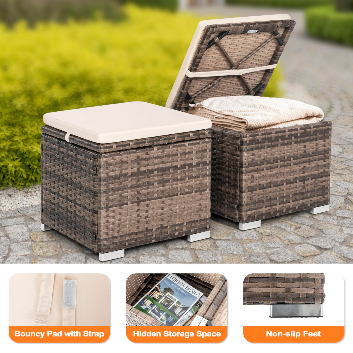 NUU GARDEN Outdoor 2 Piece Outdoor Patio Ottoman, All Weather Rattan Wicker Ottoman Seat, Outdoor Footstool Footrest Seat with Removable Cushion, for Patio, Backyard, Side Table, Brown and Beige NUU GARDEN