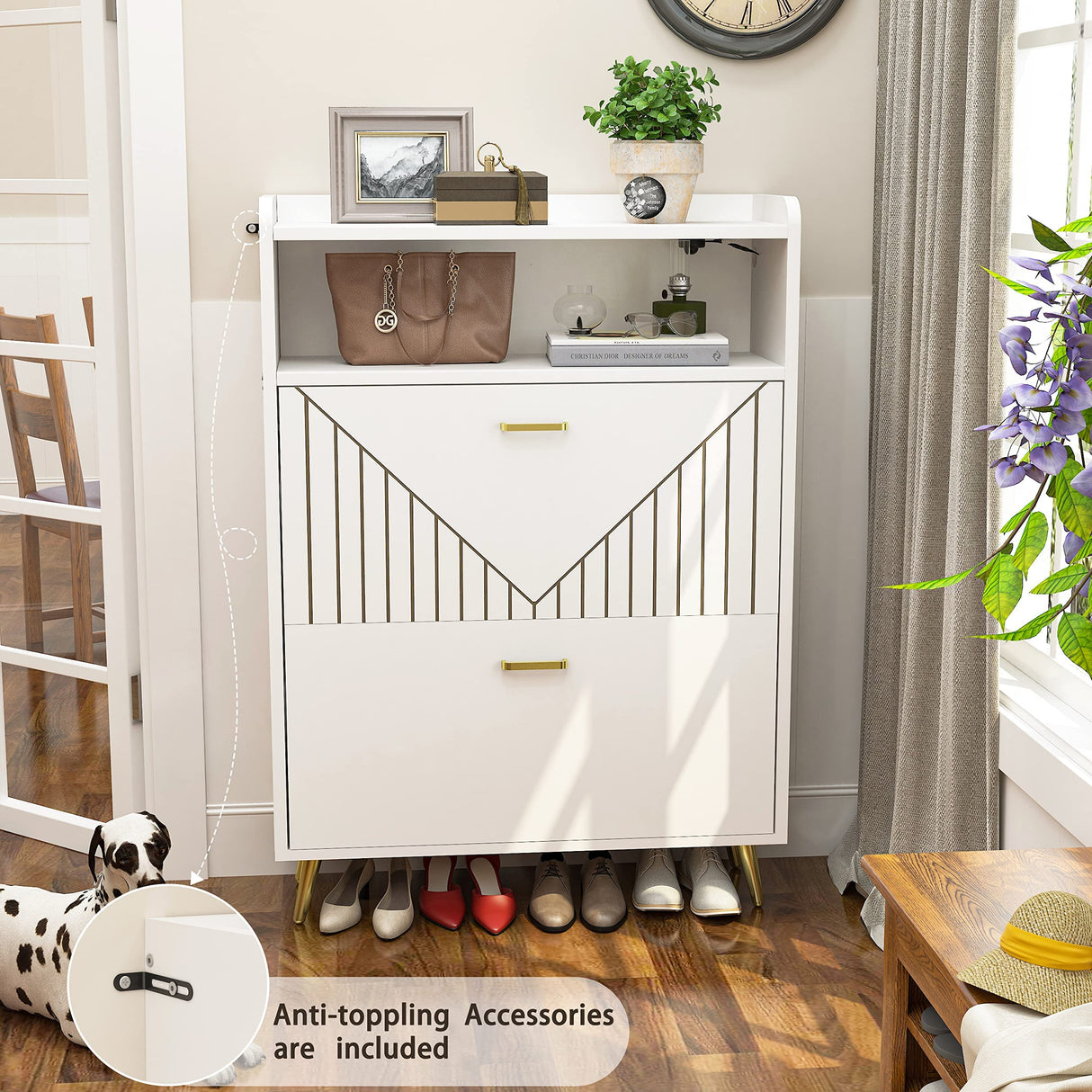 Aheaplus Shoe Cabinet with Flip Doors, Shoes Storage Organizer with Motion Sensor Led Light, Entryway Wood Freestanding Tipping Bucket Shoe Rack with Open Shelves for Closet, Living Room, White Aheaplus