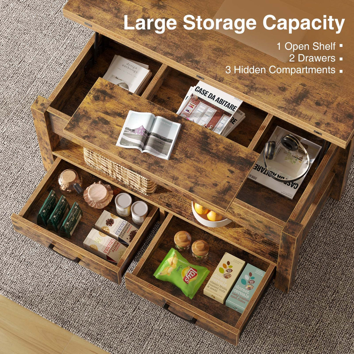 Rolanstar Coffee Table Lift Top, Multi-Function Convertible Coffee Table with Drawers and Hidden Compartment, Converts to Dining Table for Living Room, Home Office, Rustic Brown Rolanstar