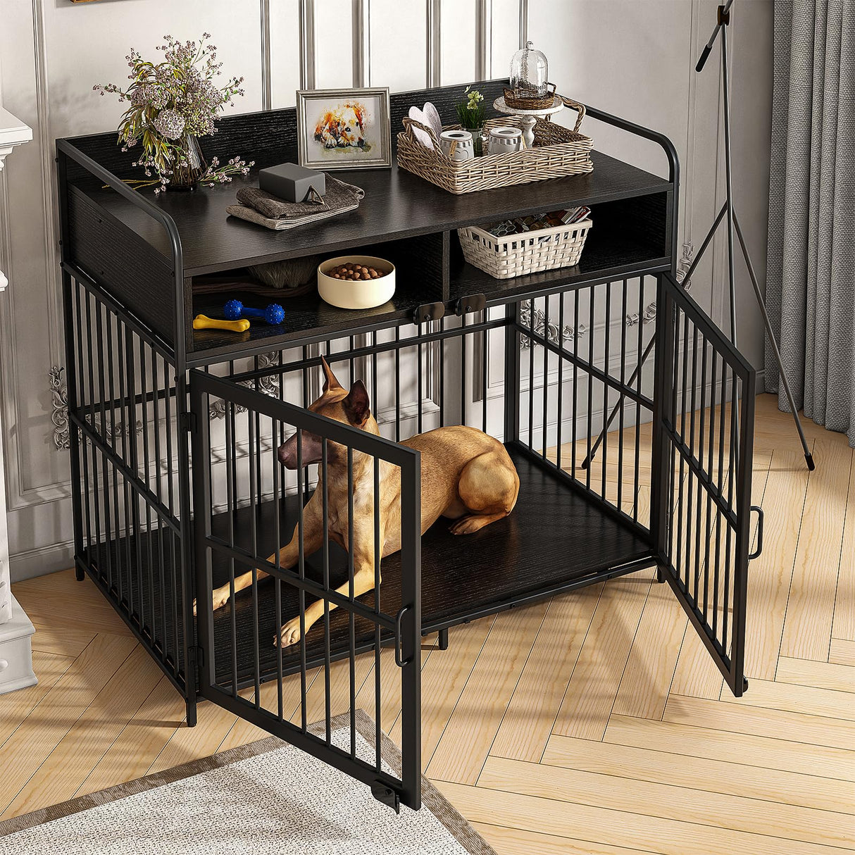 Saudism Dog Crate for Large Dogs, Black Furniture Dog Crate, Large Dog Kennel Indoor, Heavy Duty Wood Dog Cage Table with Drawers Storage, Sturdy Metal, Inner Size: 39.4" L x 22.5" W x 23.3" H Saudism