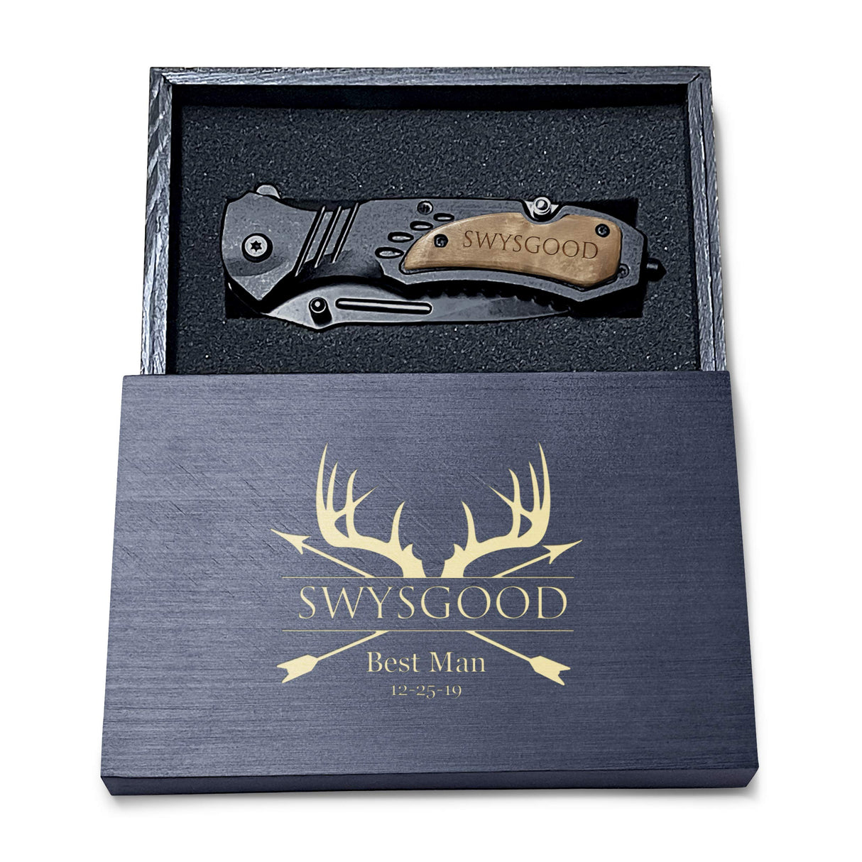 Krezy Case Deer Antlers Design Engraved Pocket Knife, 4.5" Folding Pocket Knife For Men with wooden black box, Laser Engraved Pocket Knife For Men, Hunting Knife Krezy Case