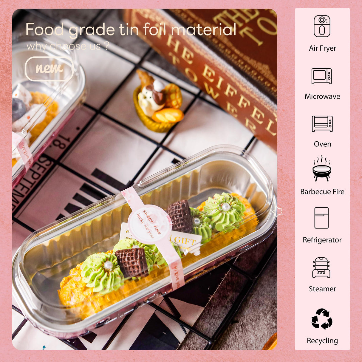 NPLUX 50 PACK Mini Cake Pans with Lids and Spoons,Rectangular Aluminum Foil Bread Pan,Mini Loaf Pans and Food Containers with Lids(Pink,6.8oz) NPLUX