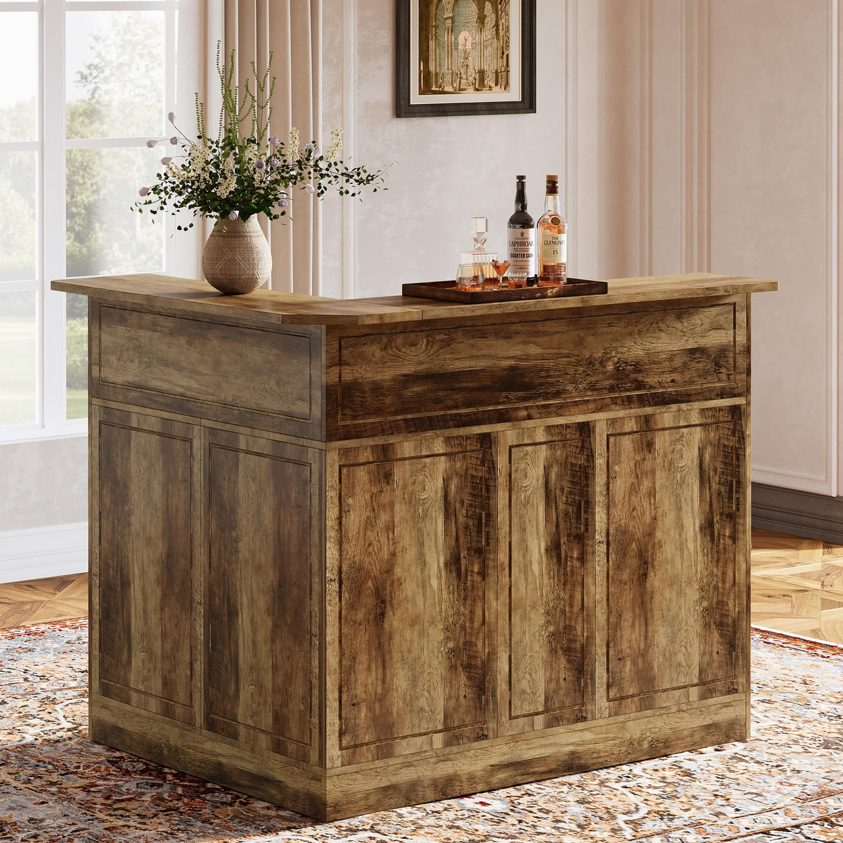 Tribesigns Bar Cabinet, L-Shaped Home Bar Table with Stemware Racks, 4-Tier Corner Bar Unit Liquor Wine Bar Table Reception Desk for Home Pub, Brown Tribesigns