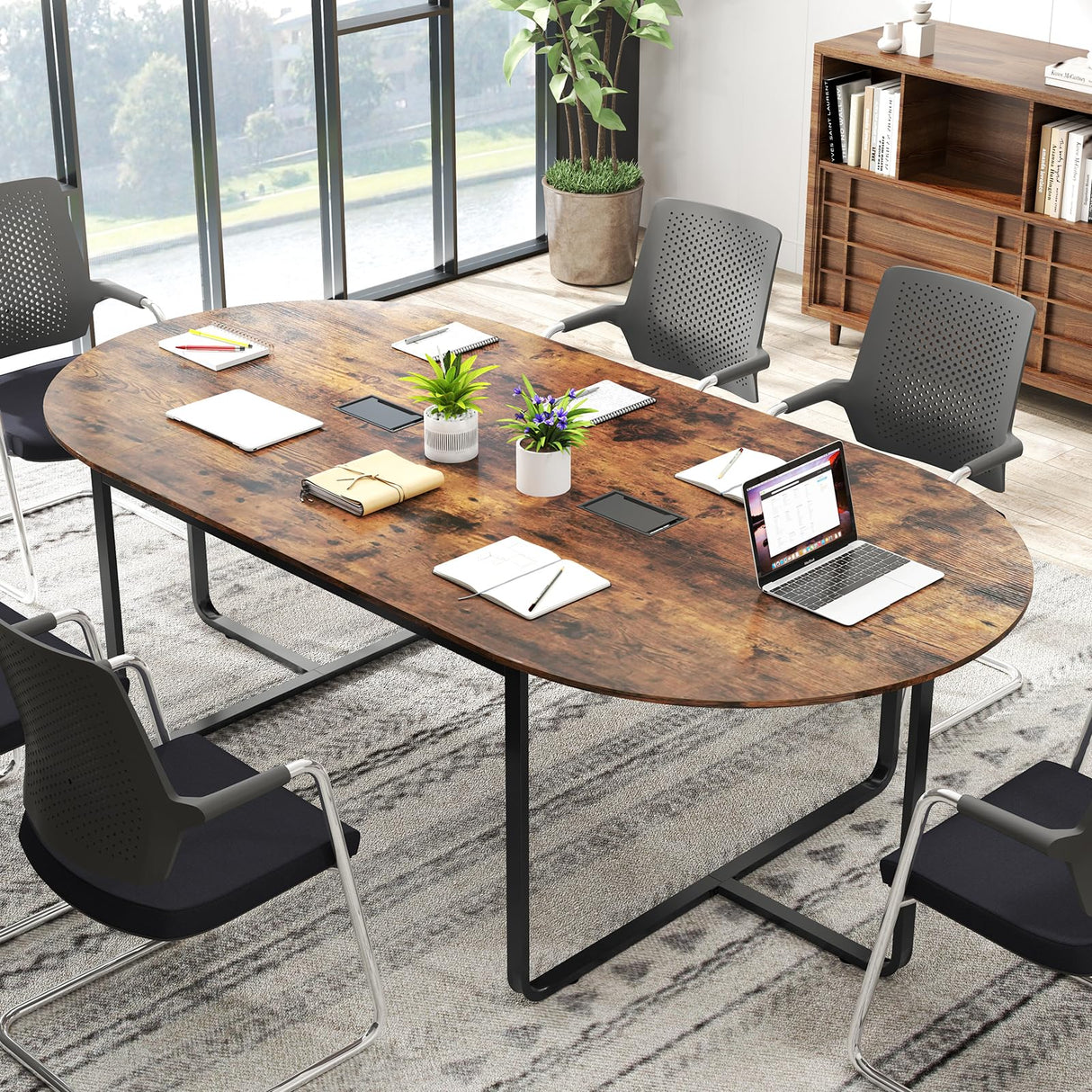 Giantex 95" Conference Table, Large Oval Meeting Table for 10-12 People with Dual Cable Holes & Metal Legs, Industrial Business Training Seminar Table for Office Conference Room Boardroom Giantex
