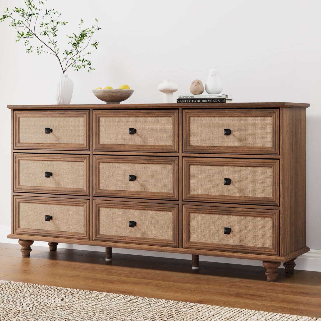 ORRD 9 Drawer Dresser for Bedroom, Mid Century Modern Wide Wood Rustic Chest of Drawers Wooden Storage Organizer Dressers with Burlap Rattan Drawers for Living Room, Hallway Closet, Entryway, Walnut ORRD