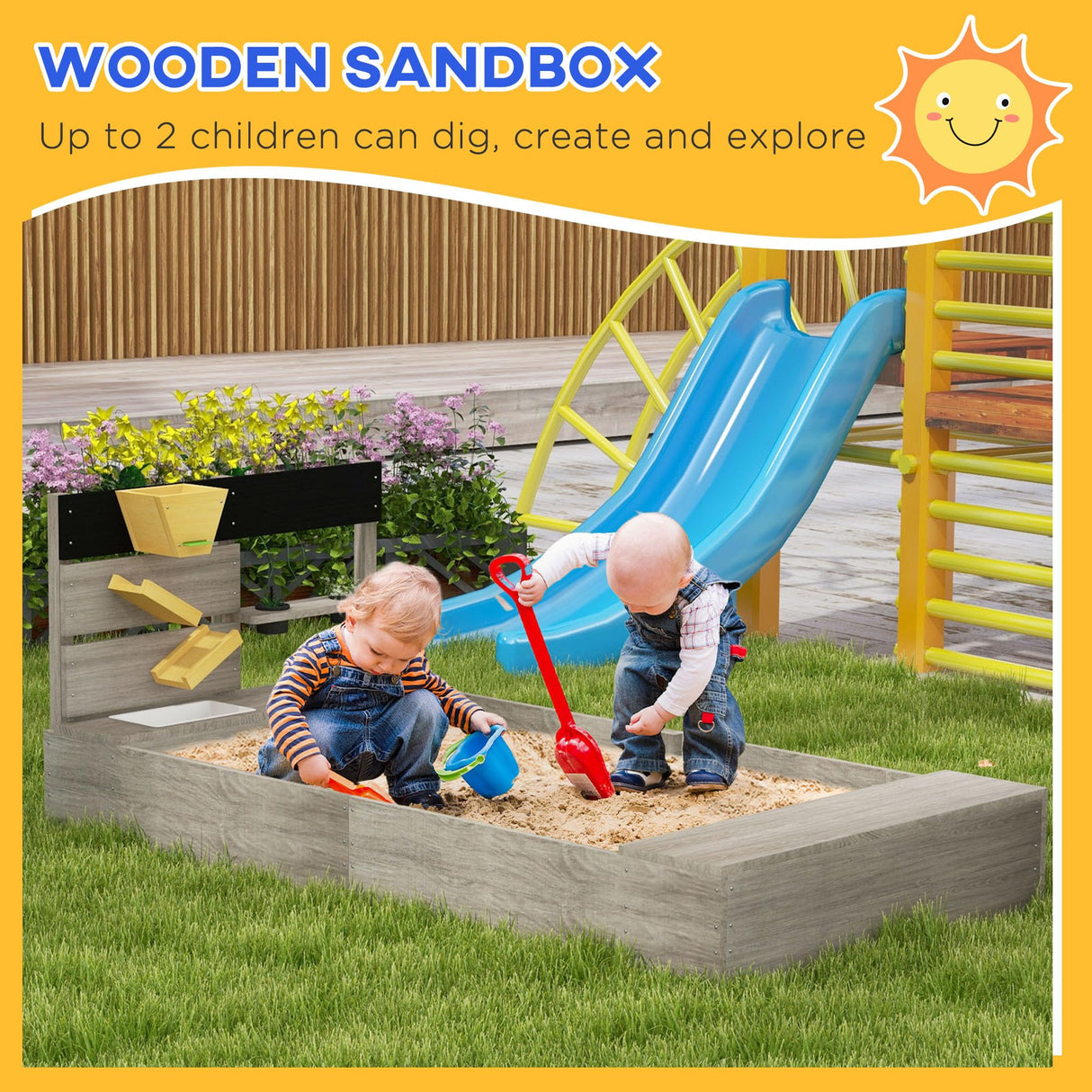 Outsunny Wooden Sandbox, Kids Sand Pit with Liner, Kitchen Design, Sink, Outdoor Children Play Equipment for 3-7 Years Old, 61" x 31.5" x 24", Gray Outsunny