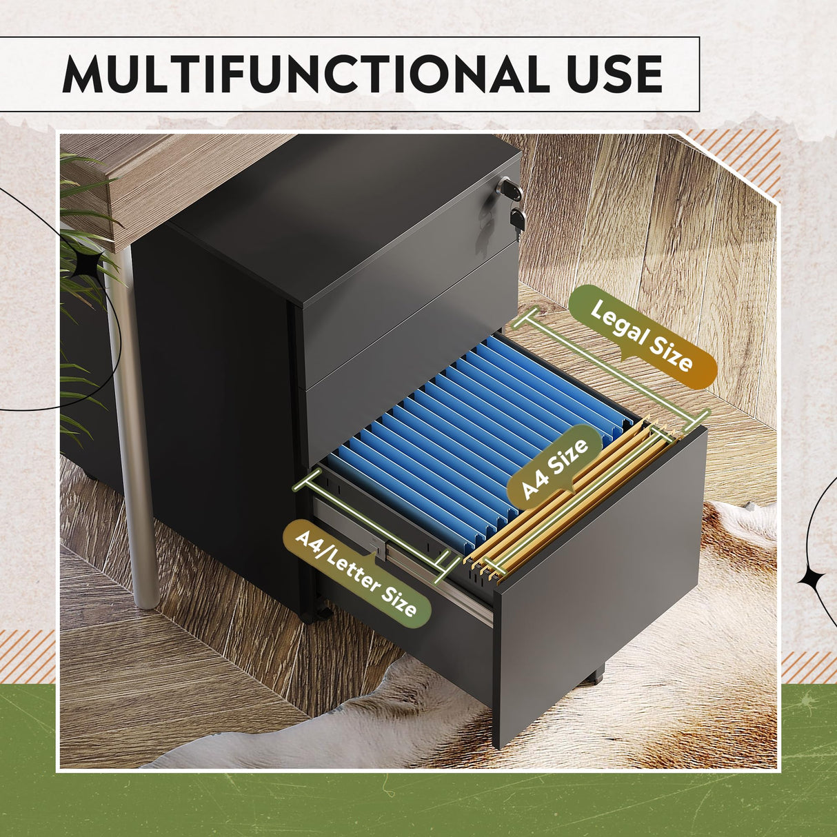 DEVAISE Locking File Cabinet, 3 Drawer Rolling Pedestal Under Desk Office, Fully Assembled Except Casters, Black DEVAISE