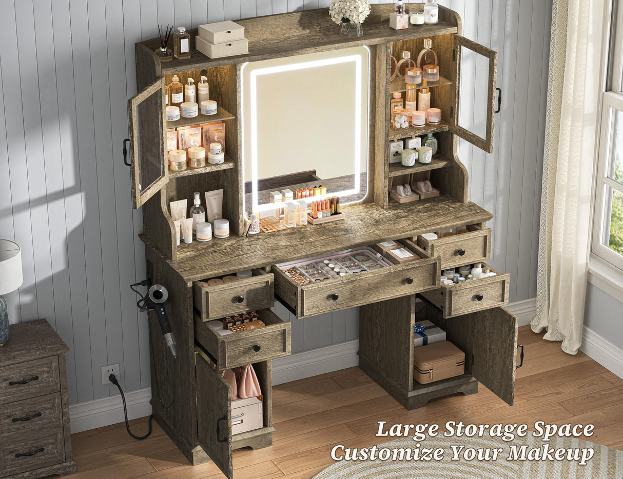 EnHomee Farmhouse Vanity Desk with LED Lighted Mirror, Makeup Vanity Table with RGB Cabinets and Lots Storage, 5 Drawers and 6 Storage Shelves for Bedroom and Dressing Room, Dark Oak EnHomee
