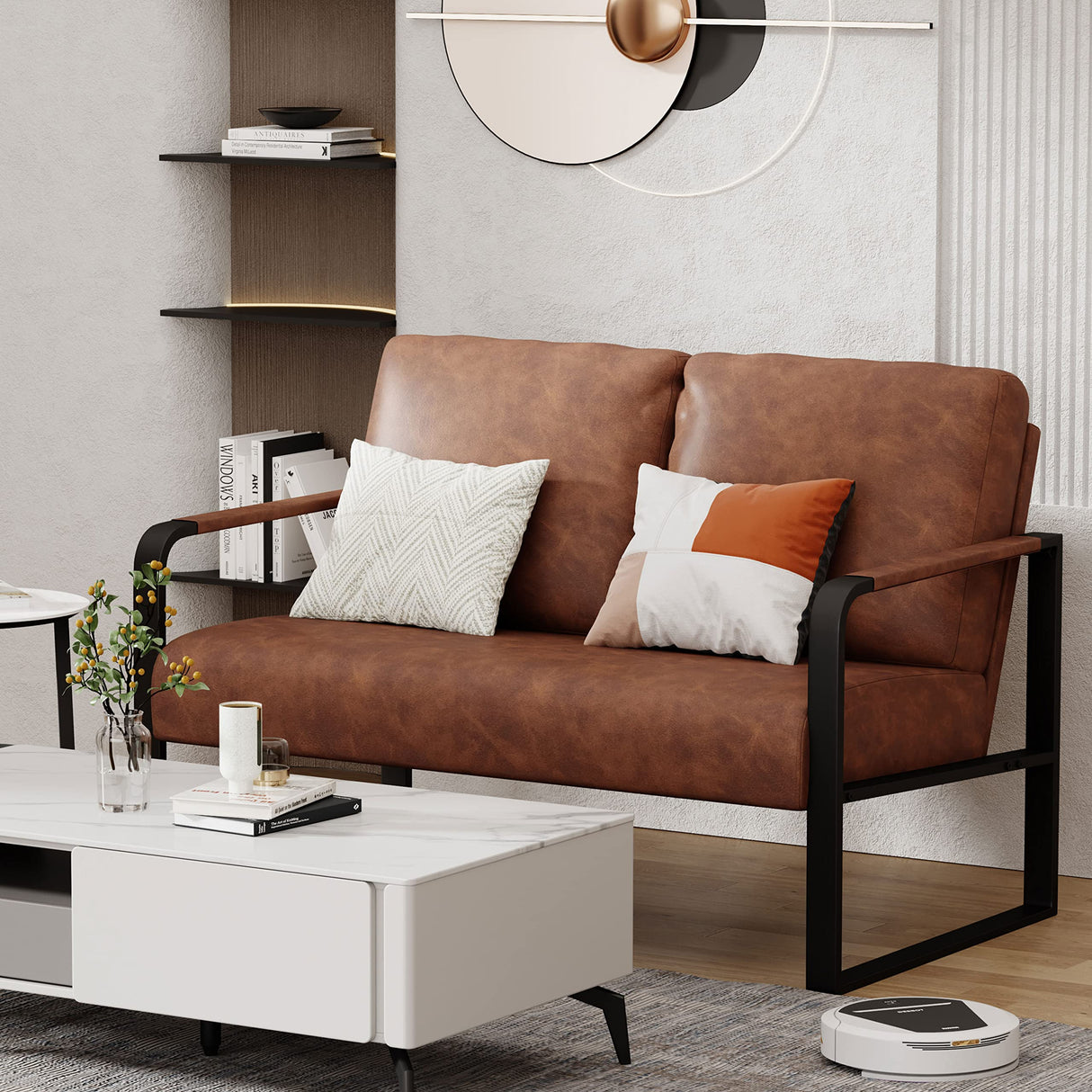 POINTANT Love Seat Mini Couch Small Settee Loveseat Bench for Living Room, Faux Leather Loveseat Sofa Small Sofa Couches for Small Spaces with Padded Cushion, Mid Century Modern Dark Brown Love Seats POINTANT