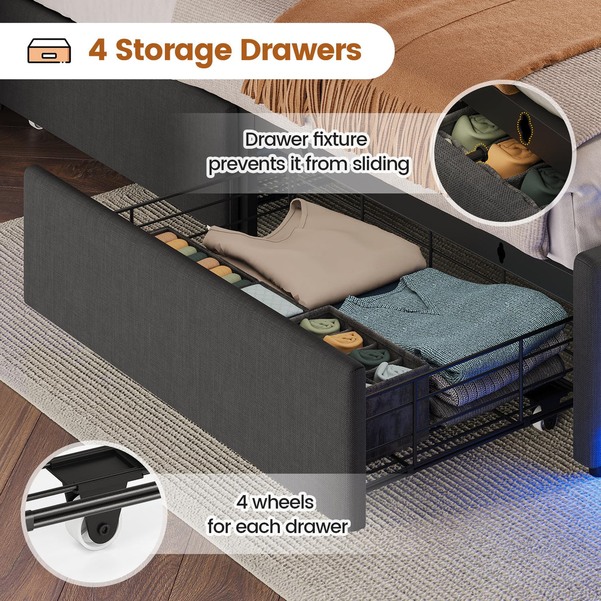 BTHFST Full Size Bed Frame with 4 Drawers & Charging Station, LED Bed Frame Full Size with Hidden Storage Headboard, Upholstered Metal Bed Full, No Box Spring Needed, Dark Grey BTHFST