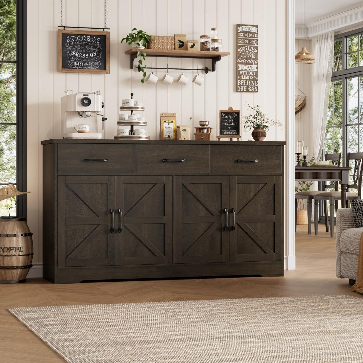 HOSTACK 59" Large Buffet Cabinet with Storage, Farmhouse Sideboard Buffet Cabinet with 3 Drawers, Wood Kitchen Coffee Bar with Doors and Shelves, Long Sideboard Table for Dining Room, Dark Brown HOSTACK