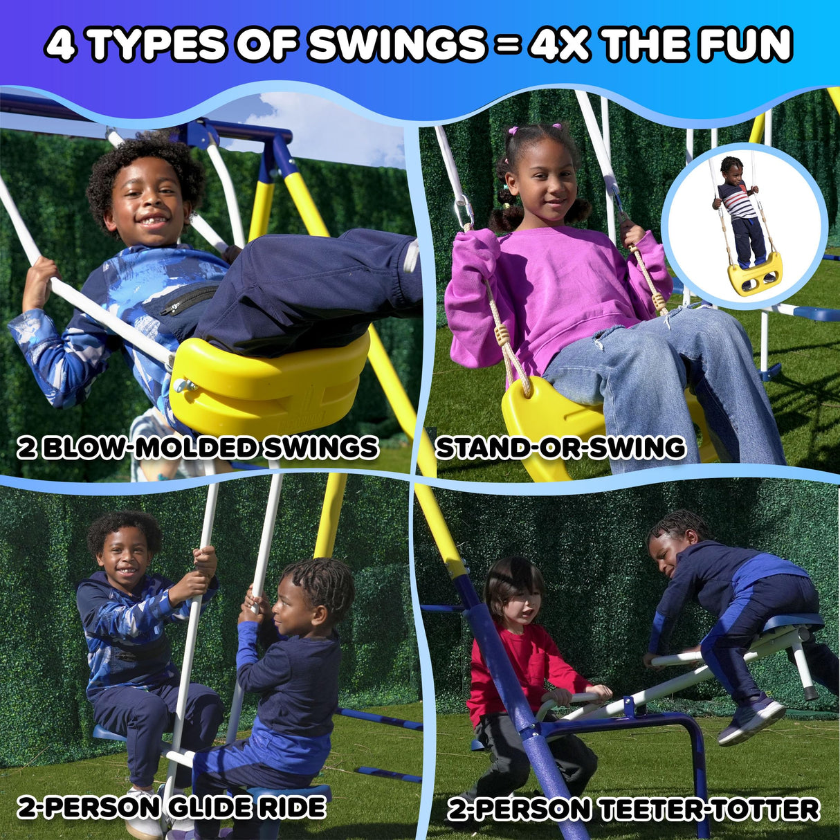 Sportspower Royal Fun Metal Swing Set: 2 Swings/Standing Swing, 2 Kid Roman Glider Swing & 5' Wavy Slide, EXCEEDS All ASTM Safety Standards *Bonus 4pc Anchor Kit* Sportspower