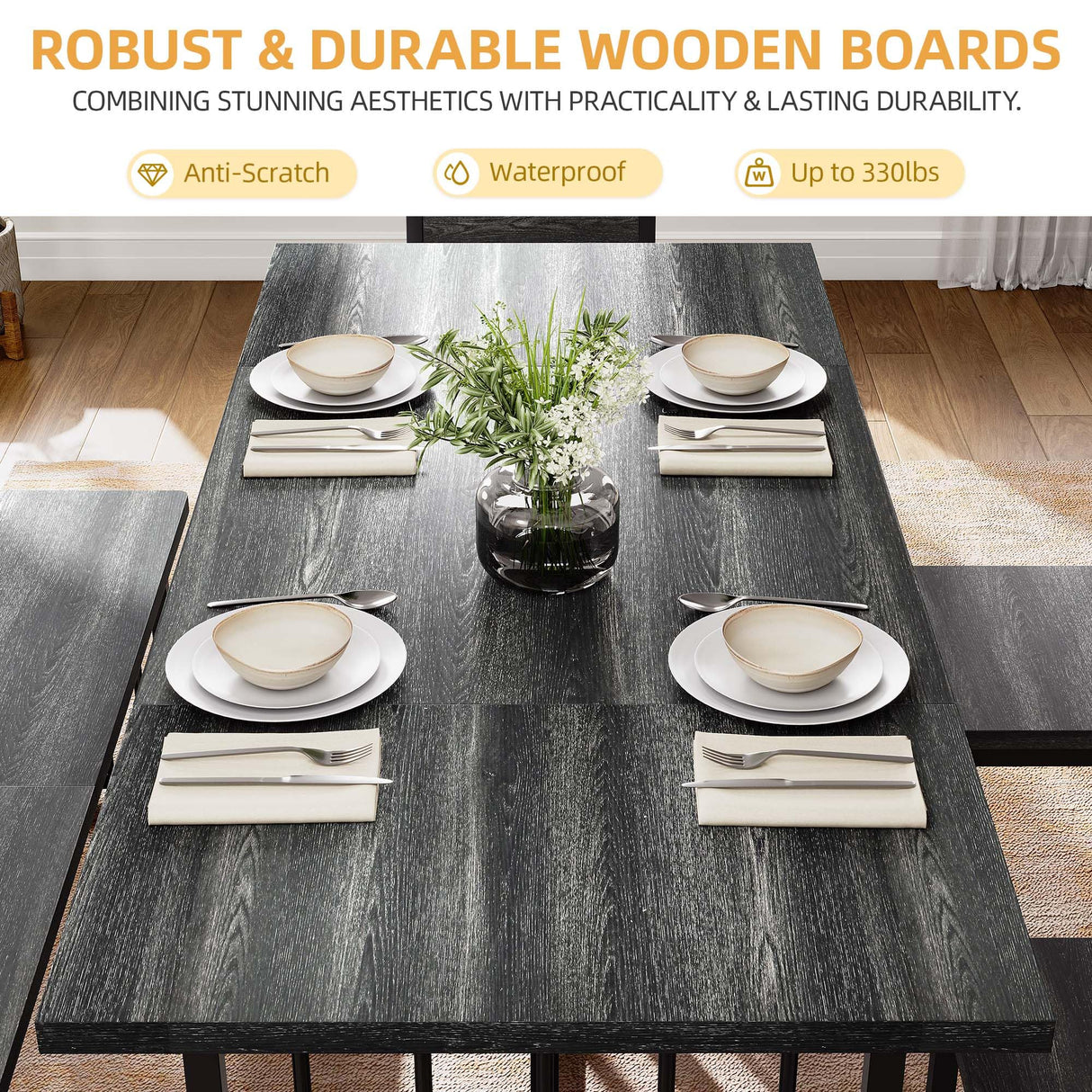 DWVO 6-Piece Dining Table Set for 6-8 People 63 Inch Kitchen Table Set with 2 Benches and 4 Chairs Farmhouse Rectangular Dining Room Table Set for Kitchen Dining Room Apartment Dark Grey DWVO