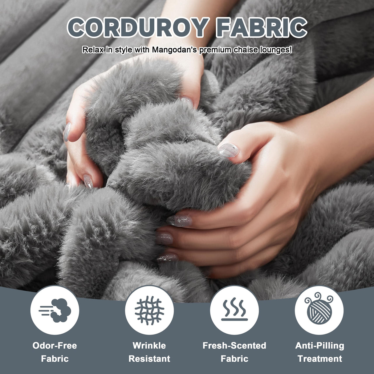 Mangodan 53.5”W Oversized Chaise Lounge Chair Indoor, Boneless Couch with 4 Pillows, Cozy Reading Chairs with Wide Arms, No Assembly Corduroy Boneless Chair, Memory Foam Couch for Living Room, Gray Mangodan