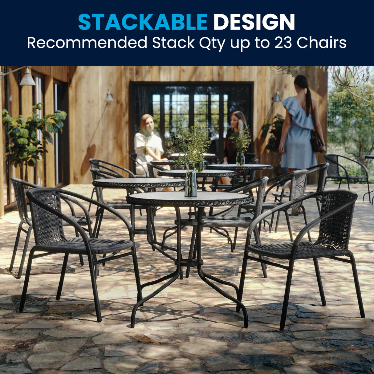 Flash Furniture 3-Piece Patio Dining Set with Round Glass Metal Table and 2 Stackable Rattan Chairs, Indoor/Outdoor Bistro Table and Chairs Set, Gray Flash Furniture
