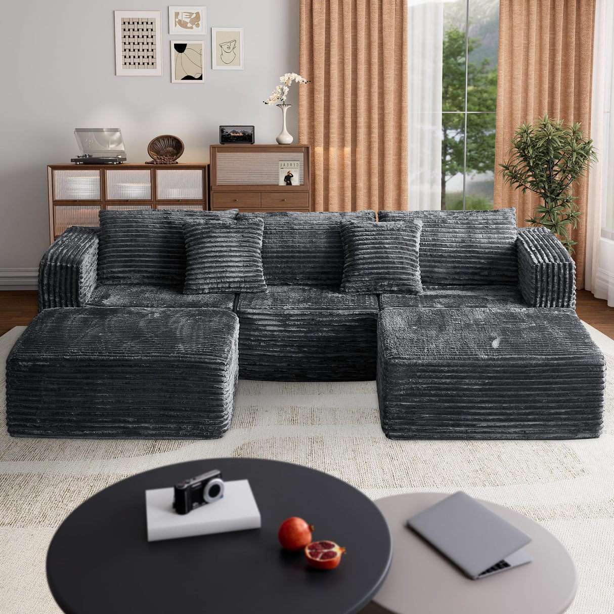 110 Corduroy Modular Sectional Boneless Sofa with 2 Ottomans, Convertible Cloud Couch with Deep Seats, Fluffy Memory Foam U Shaped Couch for Living Room, No Assembly Required, Black (Gray) Garaneeds