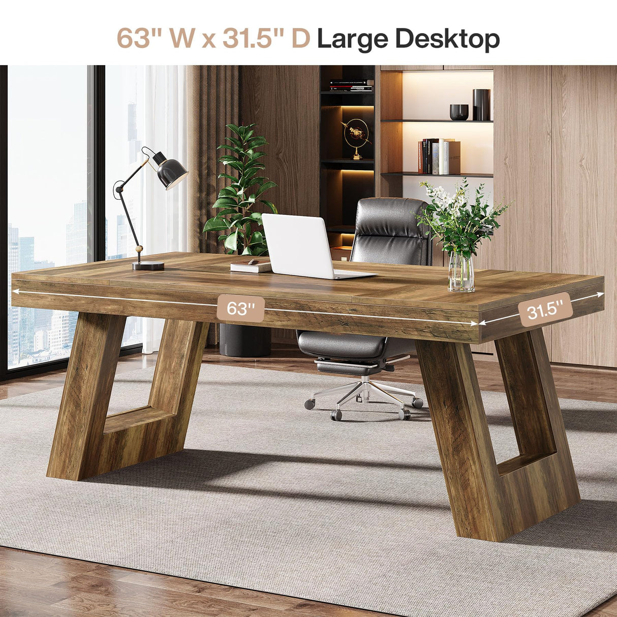 Tribesigns 63 Inches Wood Executive Desk, Large Home Office Computer Desk with Double Pedestal, Industrial Study Writing Table, Business Workstation for PC Laptop, Rustic Brown Tribesigns