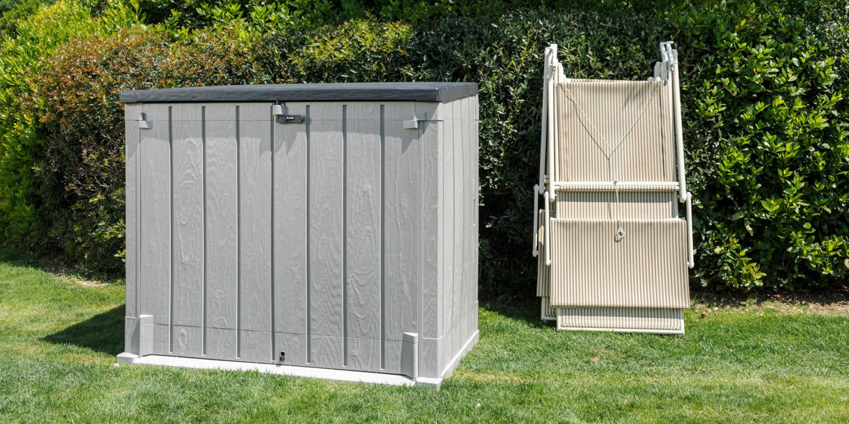 Toomax Stora Way All Weather Outdoor XL Horizontal Storage Shed Cabinet for Trash Can, Garden Tools, and Yard Equipment, Taupe Gray and Anthracite Toomax