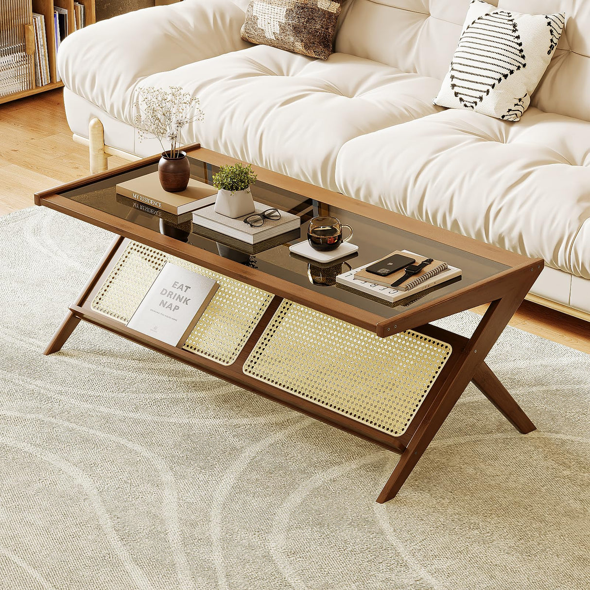 Bamworld Mid-Century Modern Coffee Table with Glass Top Rattan Center Table with Storage for Living Room Table Brown Bamworld