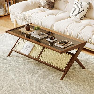 Bamworld Mid-Century Modern Coffee Table with Glass Top Rattan Center Table with Storage for Living Room Table Brown