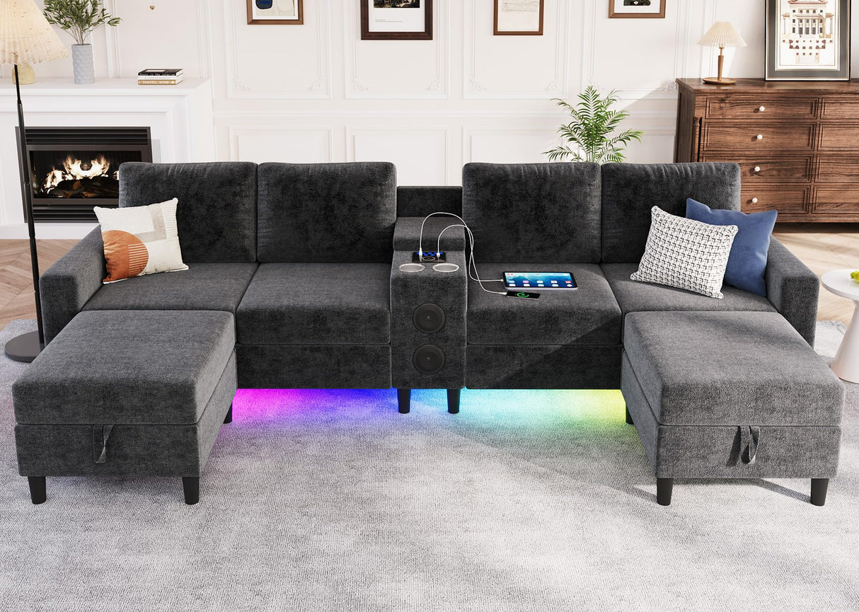 ZSDT Sectional Couches for Living Room, 6 Seat Sectional Sofa Smart Module-Bluetooth Speaker/RGB Light/Charging Station, Chenille U Shaped Couch with 2 Movable Storage Ottomans (Dark Grey) ZSDT