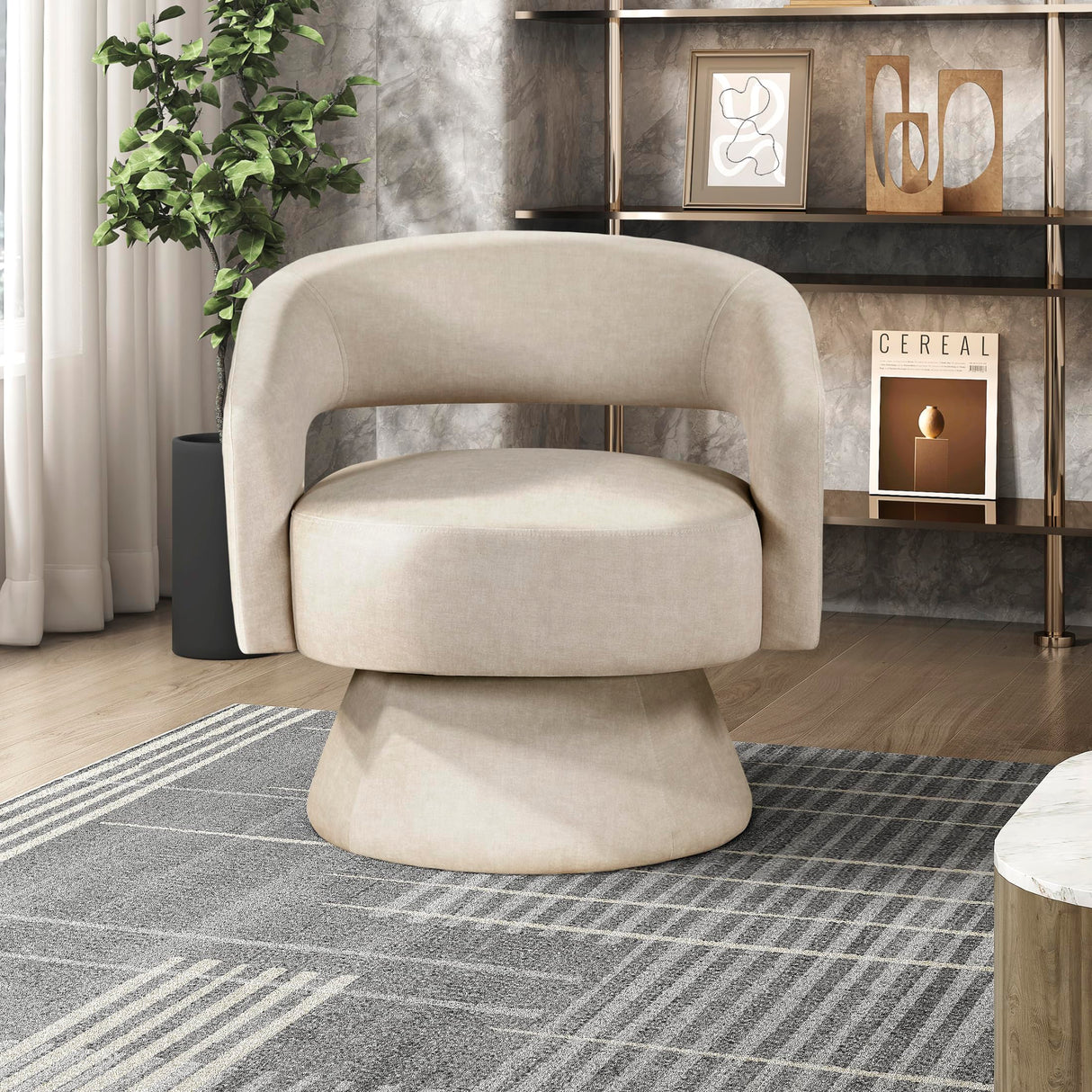 Lexicon 360 Degree Swivel Accent Chair, Modern Comfy Velvet Round Barrel Chair, Open Back, Plush Foam Cushions, Metal Swivel Base for Living Room/Bedroom/Office, Taupe Lexicon