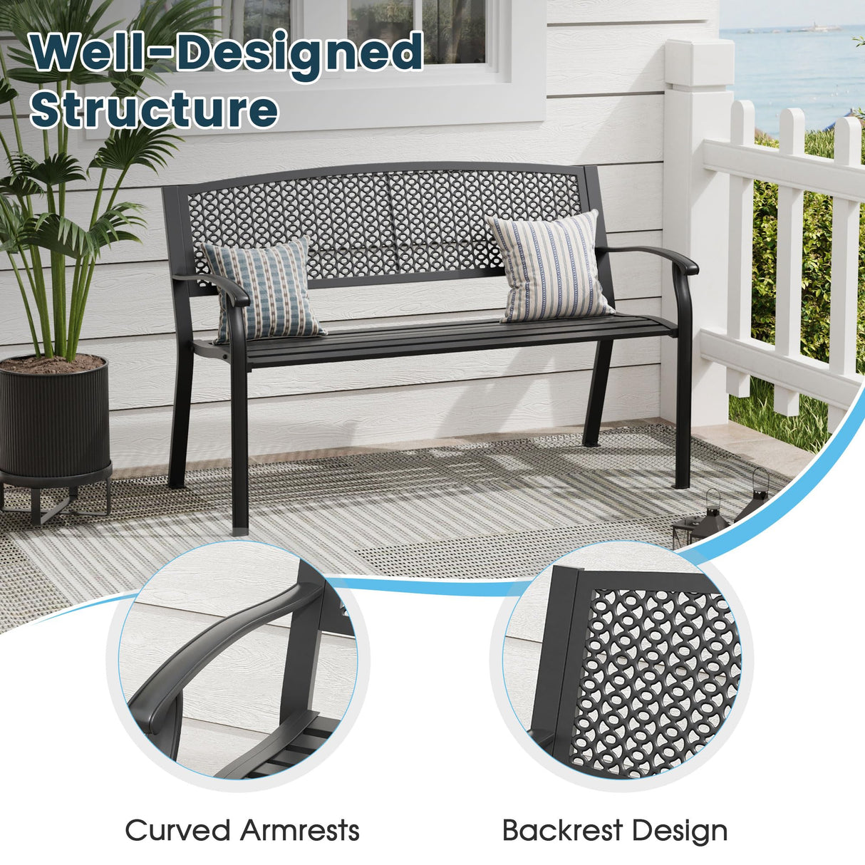 VOXBIN Outdoor Bench, 50 inches Metal Garden Bench, Cast Iron Steel Frame Patio Chairs w/Oval Pattern Backrest for Park, Yard, Porch, Lawn, Balcony, Backyard, Black VOXBIN