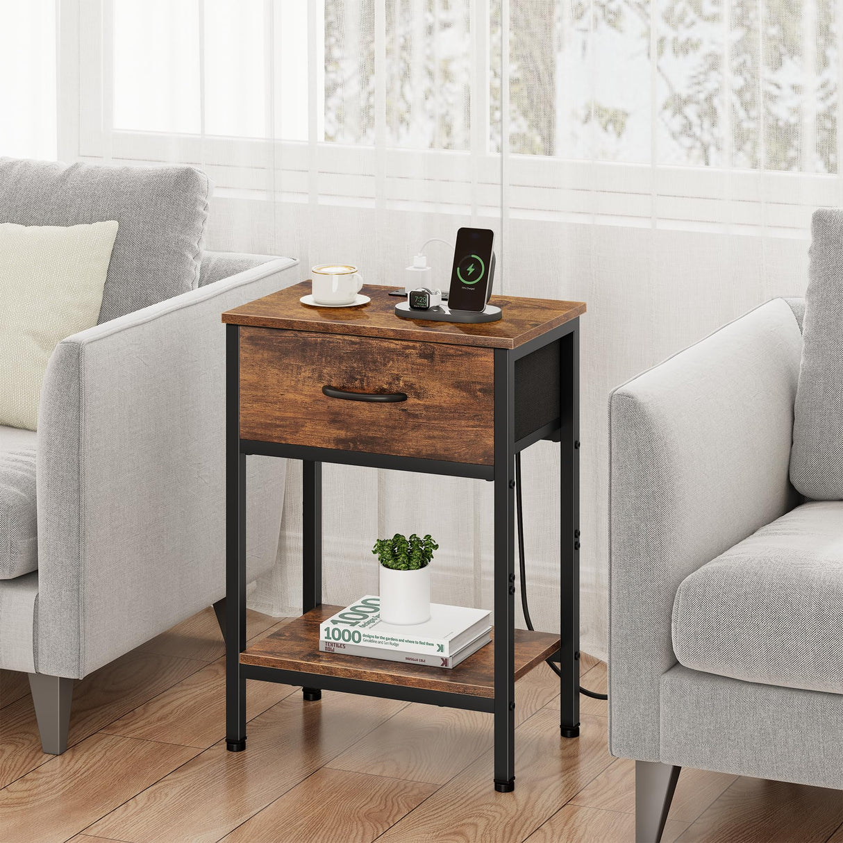 Vagusicc Nightstand with Charging Station, End Table with Fabric Drawer, Small Side Table with 2-Tier Storage Shelves, 25.4" Tall Bedside Table, Night Stand for Bedroom Living Room Dorm, Rustic Brown Vagusicc
