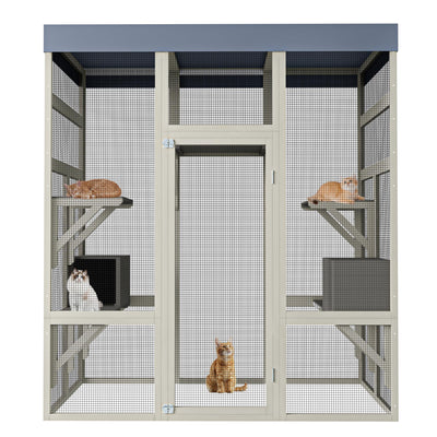 70" Large Catio Outdoor Cat Enclosure, Wood Cat House with Waterproof Roof, Walk in Cats Shelter with 7 Jumping Platform & 2 Napping Resting Box, Gray