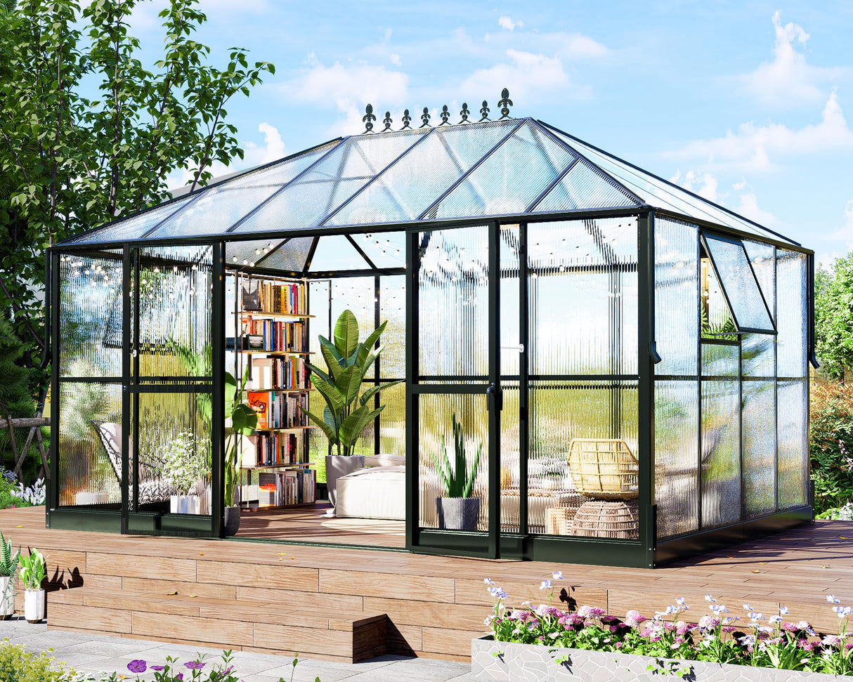 HOWE 14x9.5x9 FT Polycarbonate Greenhouse with 2 Vents and Double Swing Doors 6FT Added Wall Height, Walk-in Large Winter Greenhouse Sunroom Aluminum Greenhouse for Outdoors, Black HOWE