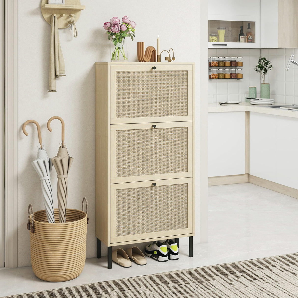 ZeHuoGe Natural Rattan Cabinet with 3 Flip Drawers, Free Standing Modern 3-Tier Shoe Storage Rack for Heels, Slippers, Entrance Hallway Entryway (3 Drawers) ZeHuoGe