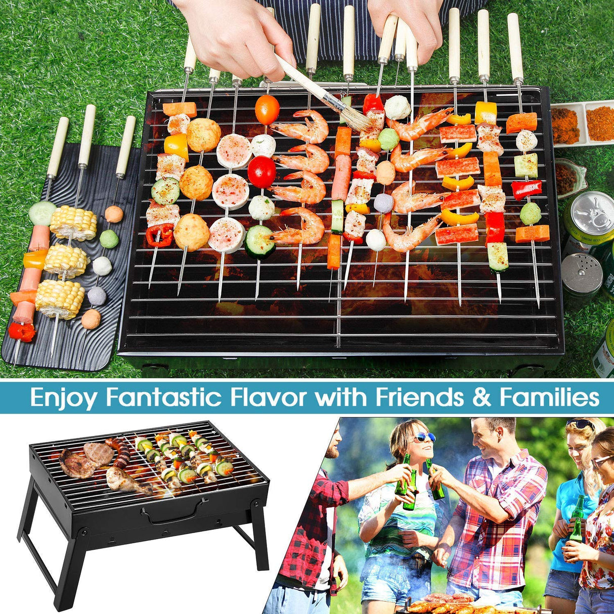 Folding Portable Barbecue Charcoal Grill, Barbecue Desk Tabletop Outdoor Stainless Steel Smoker BBQ for Outdoor Cooking Camping Picnics Beach (M1) AGM