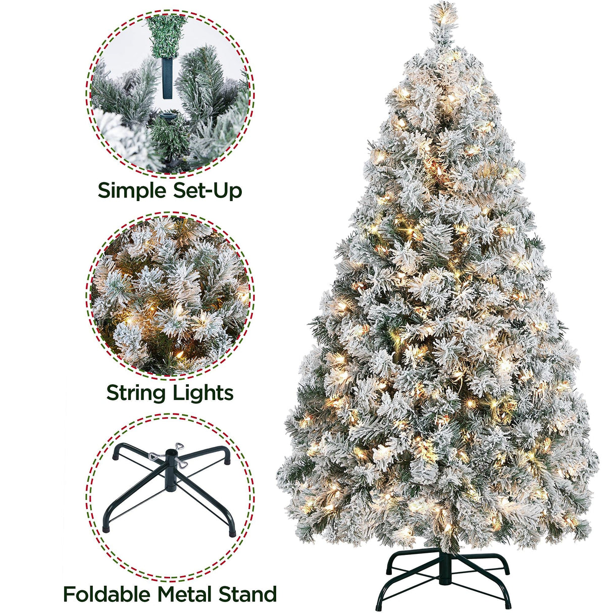 Yaheetech 4.5ft Pre-lit Artificial Christmas Tree with Incandescent Warm White Lights, Snow Flocked Full Prelighted Xmas Tree W/340 Branch Tips, 150 Incandescent Lights & Foldable Stand, Green & White Yaheetech